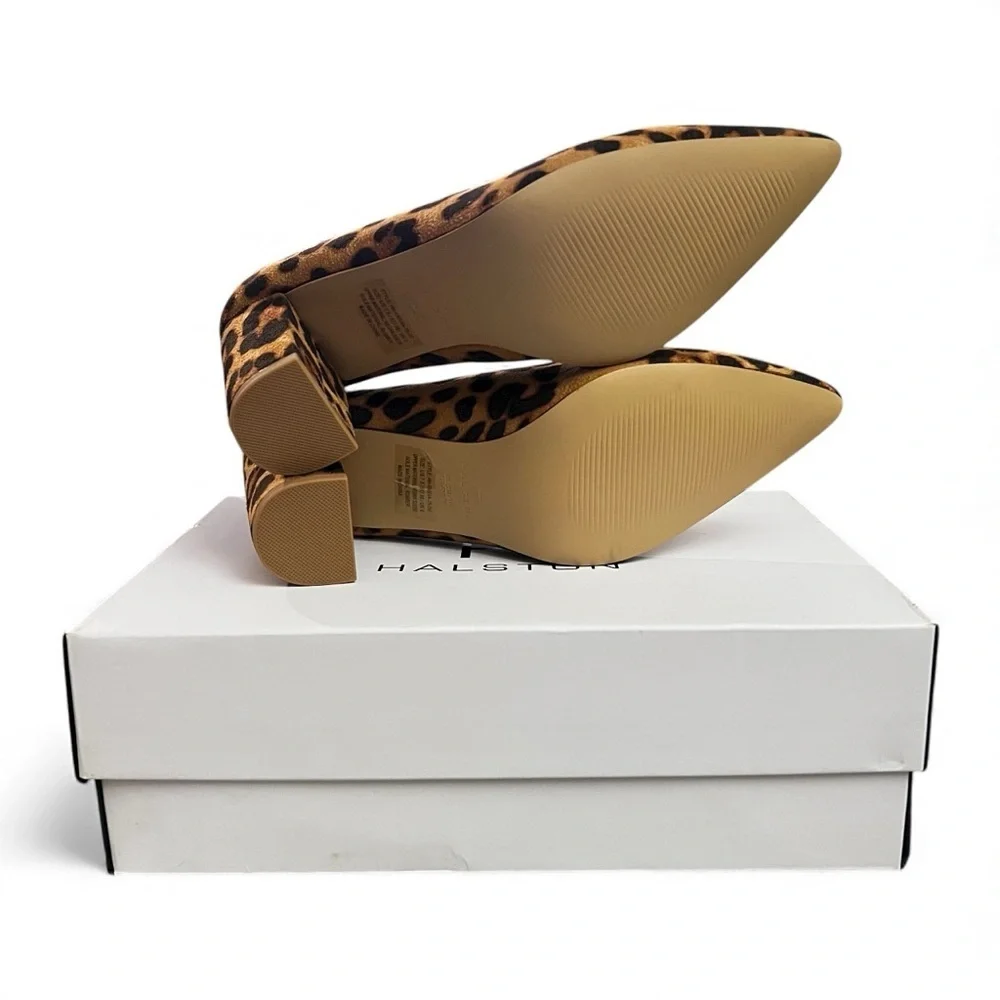 Halston Leopard Print Vegan Suede Block Heel Pumps Women's 7.5M Mobwife Party